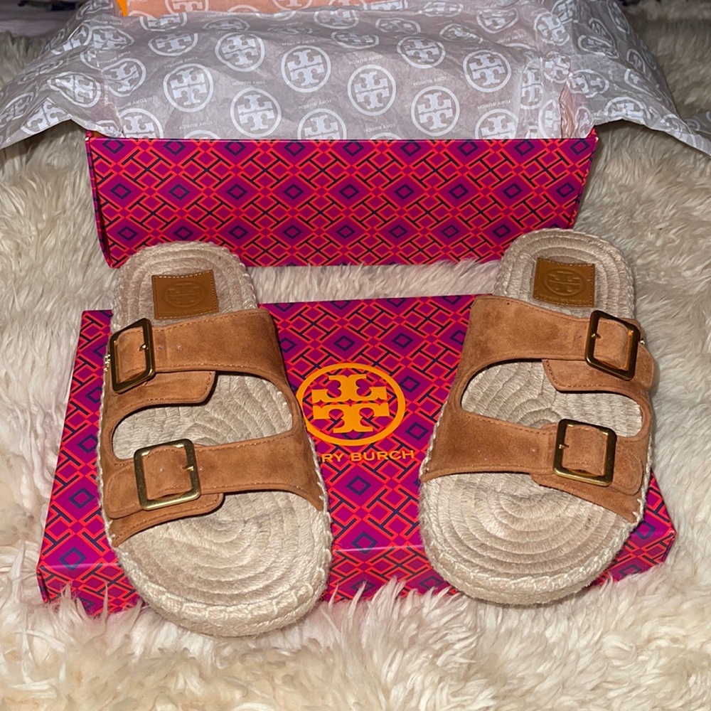 Tory Burch Two Suede Band Flat Espadrilles Slides